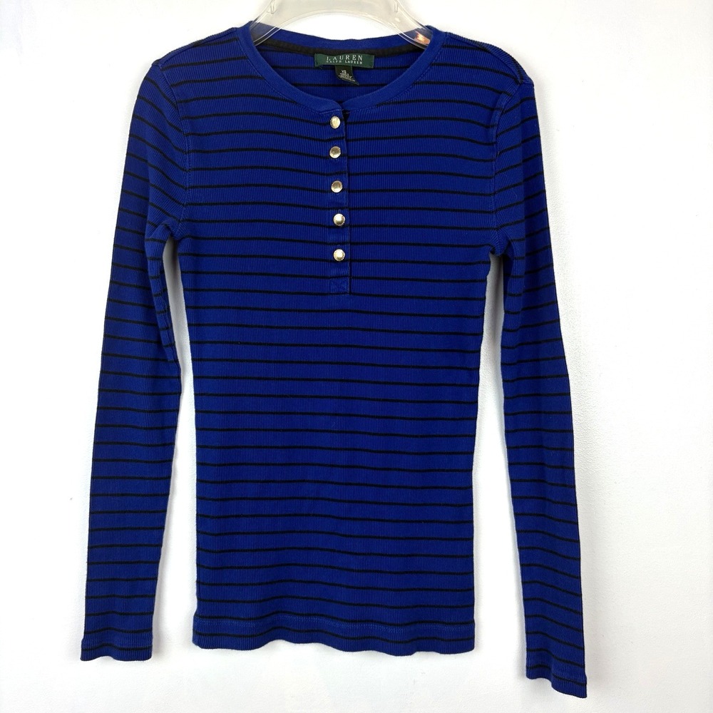 Lauren Ralph Henley Top Shirt Womens XS Blue Stripe Long Sleeve Classic Y2K 90s
